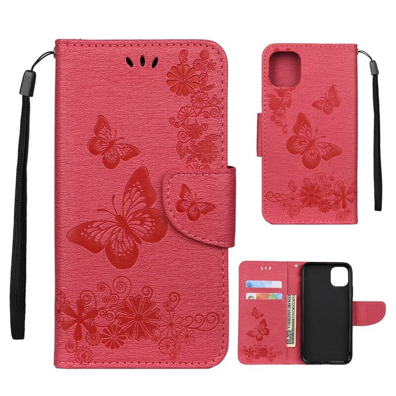 Custodia in pelle iPhone 11 Pro Max Discovery Farfalle Con Cordino