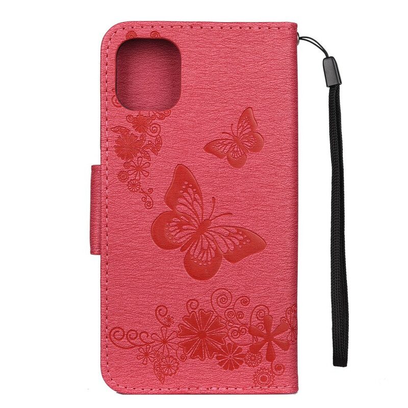 Custodia in pelle iPhone 11 Pro Max Discovery Farfalle Con Cordino