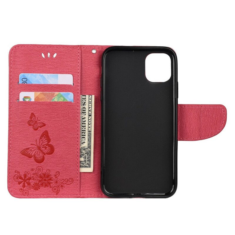 Custodia in pelle iPhone 11 Pro Max Discovery Farfalle Con Cordino