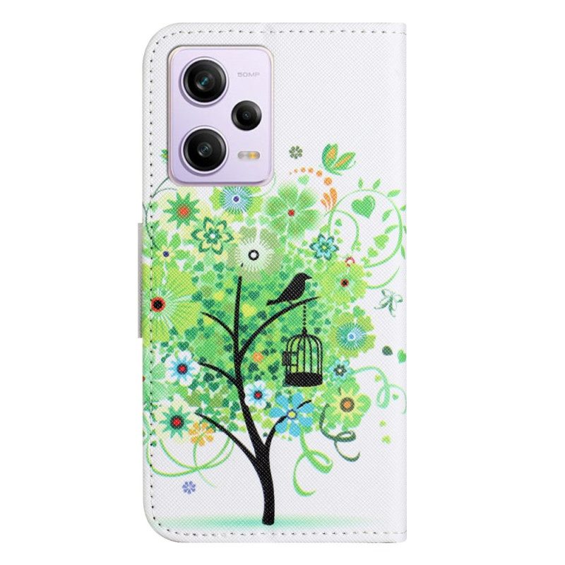 Custodia in pelle Xiaomi Redmi Note 12 5G Albero Cinghia Fogliame Verde