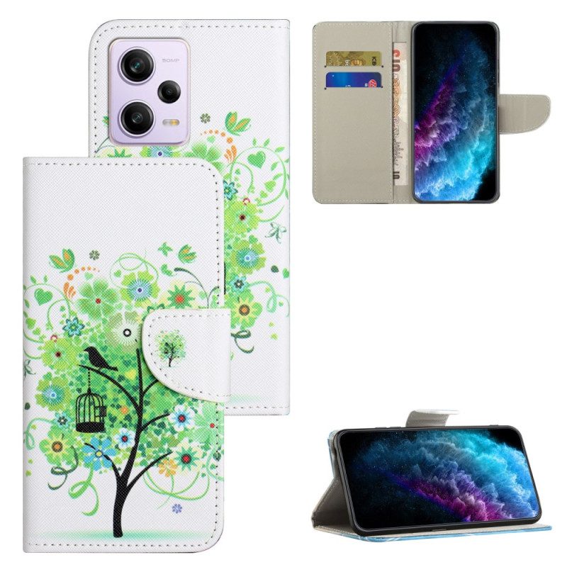 Custodia in pelle Xiaomi Redmi Note 12 5G Albero Cinghia Fogliame Verde