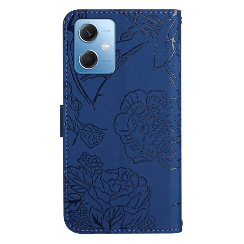 Custodia in pelle Xiaomi Redmi Note 12 5G Farfalle E Tracolla