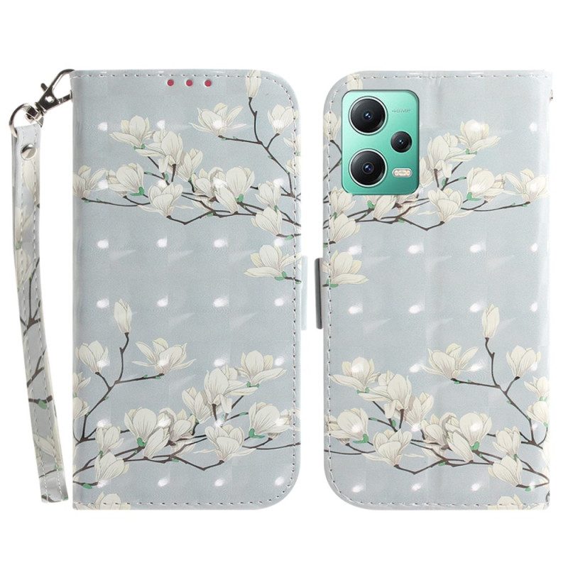 Custodia in pelle Xiaomi Redmi Note 12 5G Fiori Bianchi Strappy