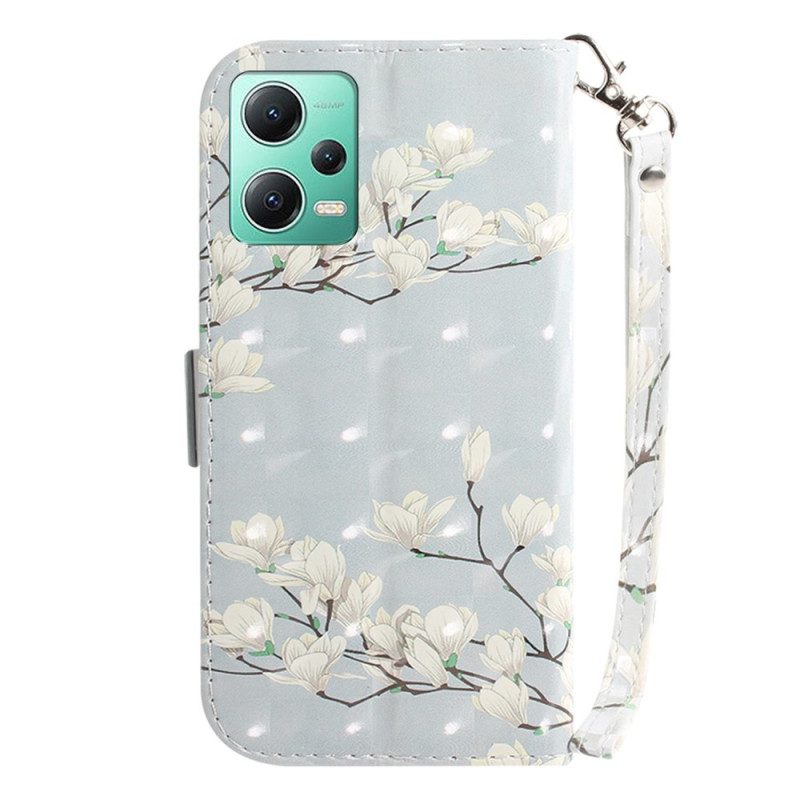 Custodia in pelle Xiaomi Redmi Note 12 5G Fiori Bianchi Strappy