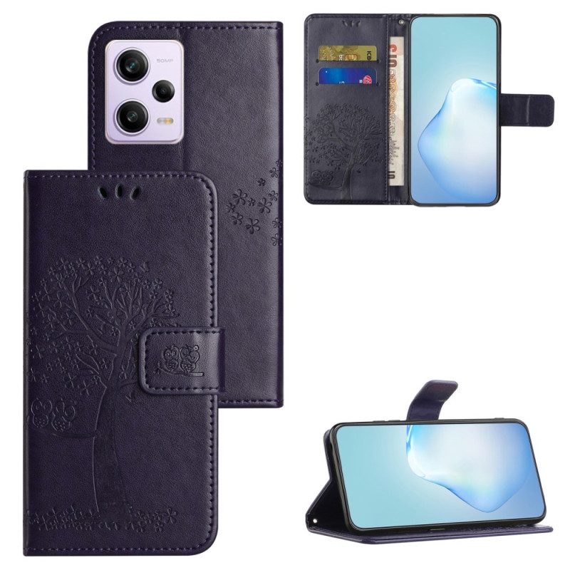 Custodia in pelle Xiaomi Redmi Note 12 5G Perizoma Albero E Gufi