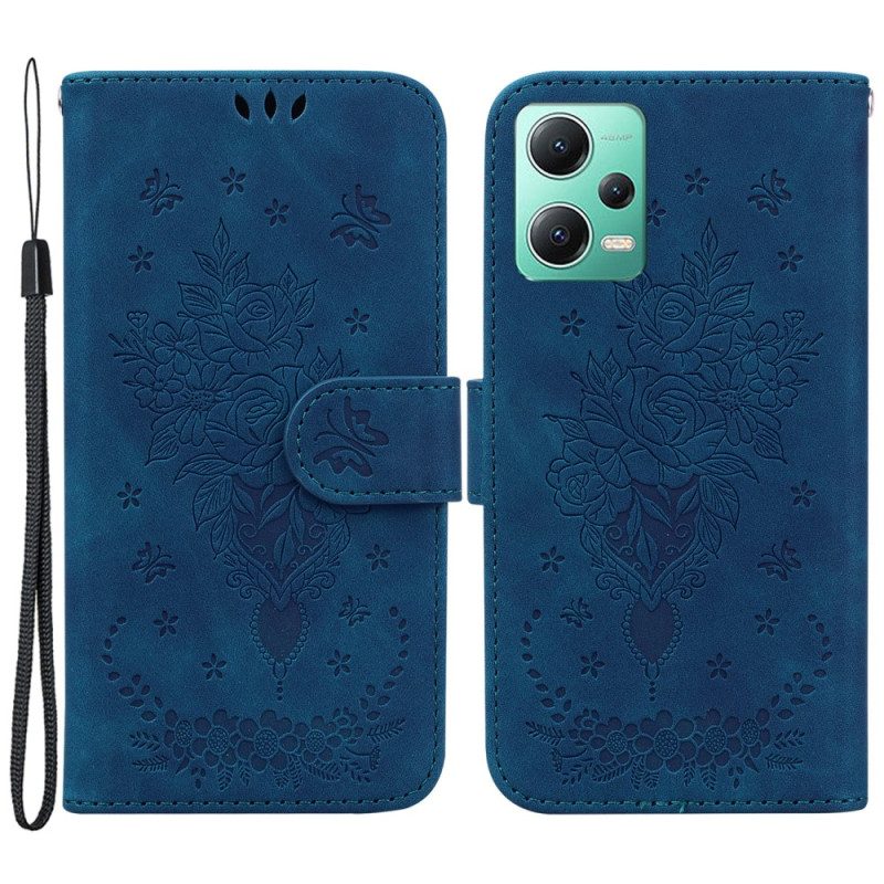 Custodia in pelle Xiaomi Redmi Note 12 5G Strappy Rose E Farfalle