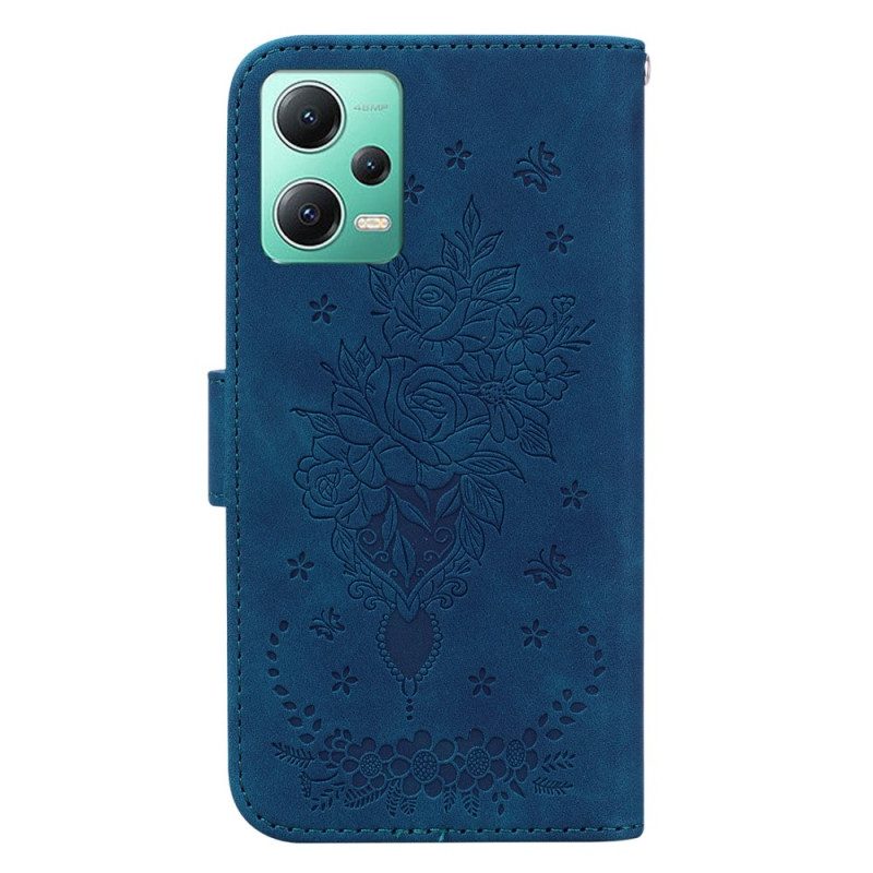 Custodia in pelle Xiaomi Redmi Note 12 5G Strappy Rose E Farfalle