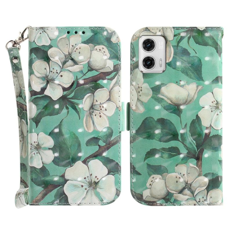 Custodia A Portafoglio Moto G73 5G Fiori Bianchi Strappy