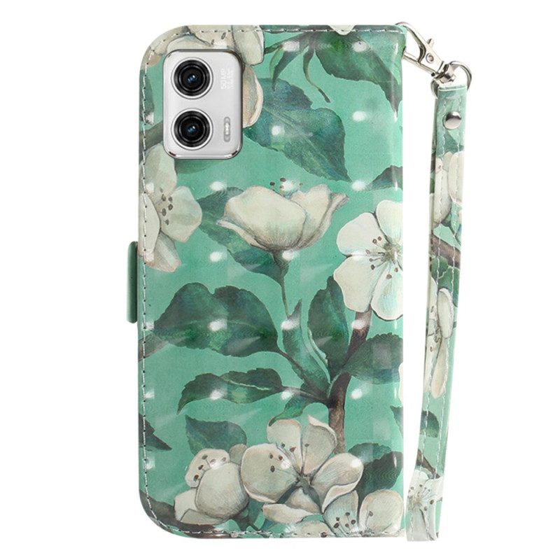 Custodia A Portafoglio Moto G73 5G Fiori Bianchi Strappy