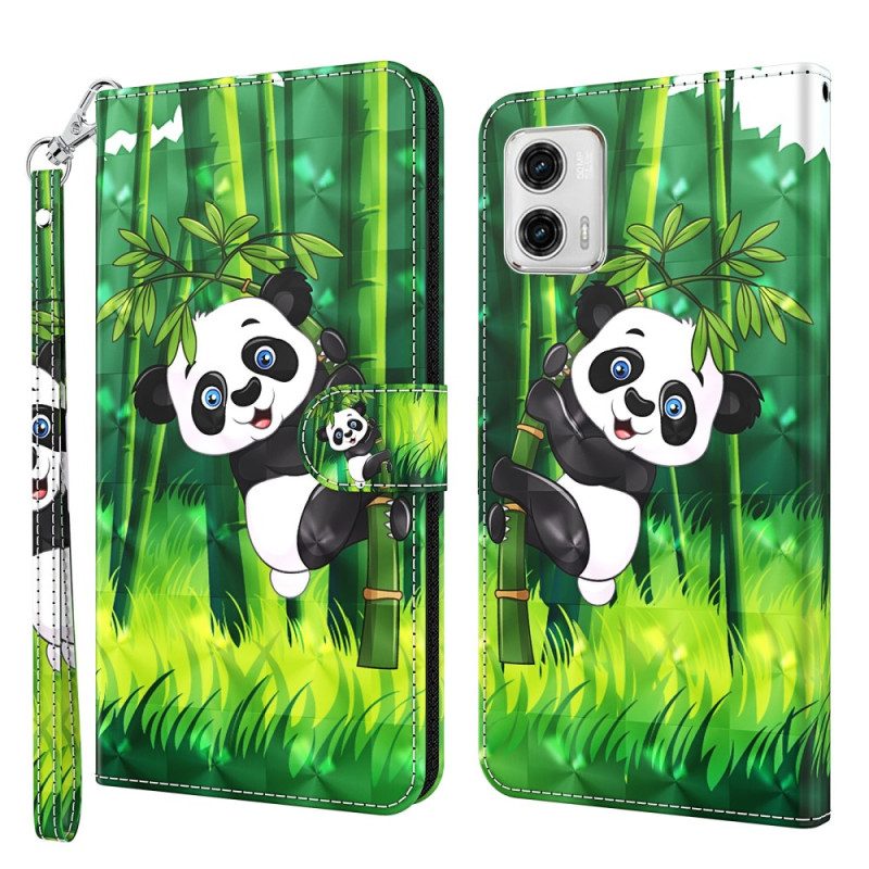 Custodia in pelle Moto G73 5G Panda E Bambù Con Cordino