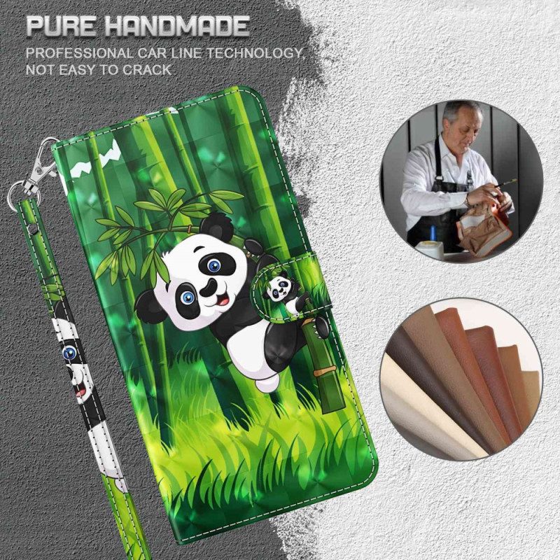 Custodia in pelle Moto G73 5G Panda E Bambù Con Cordino