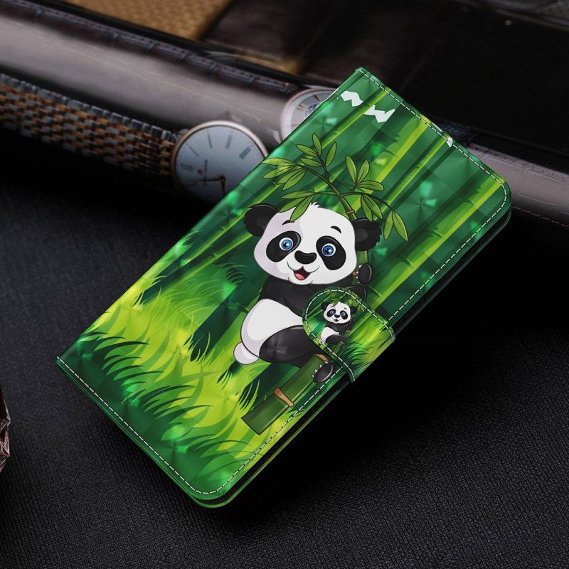 Custodia in pelle Moto G73 5G Panda E Bambù Con Cordino