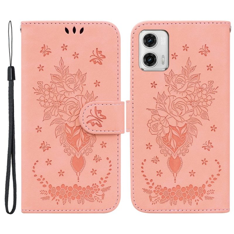 Custodia in pelle Moto G73 5G Strappy Rose E Farfalle