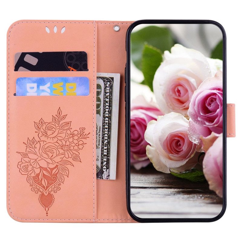 Custodia in pelle Moto G73 5G Strappy Rose E Farfalle