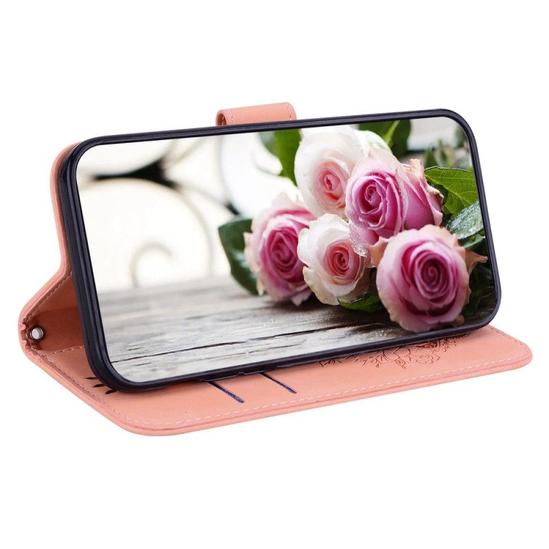 Custodia in pelle Moto G73 5G Strappy Rose E Farfalle