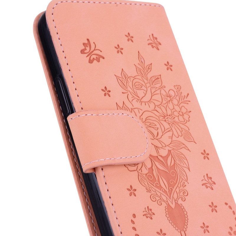 Custodia in pelle Moto G73 5G Strappy Rose E Farfalle