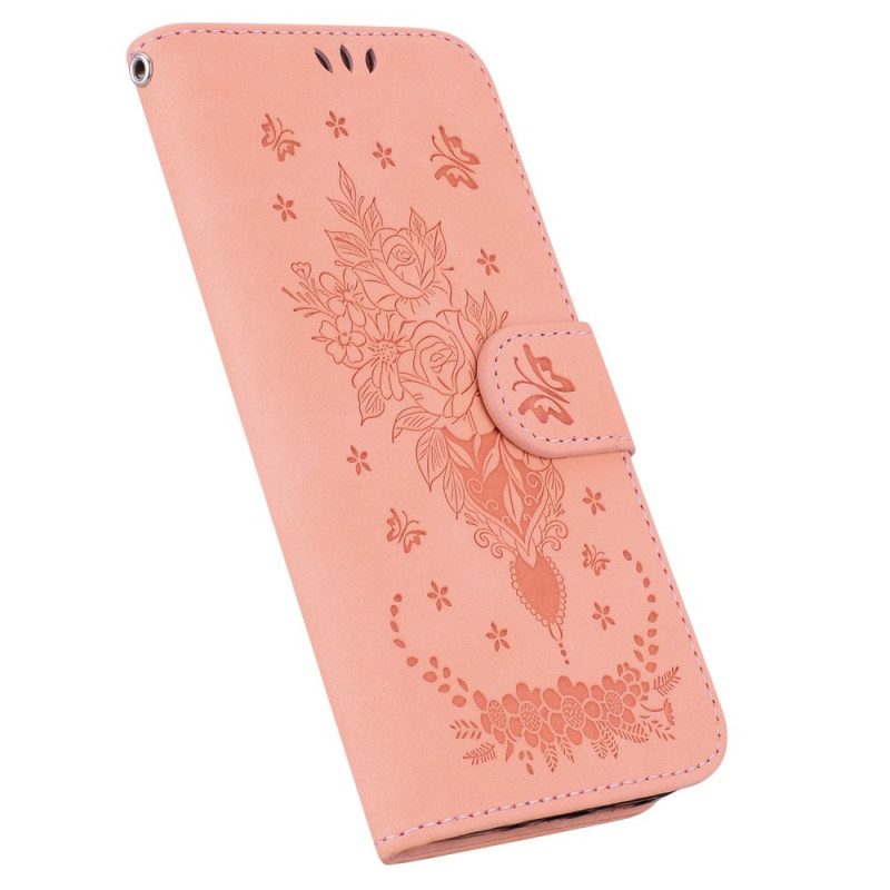 Custodia in pelle Moto G73 5G Strappy Rose E Farfalle