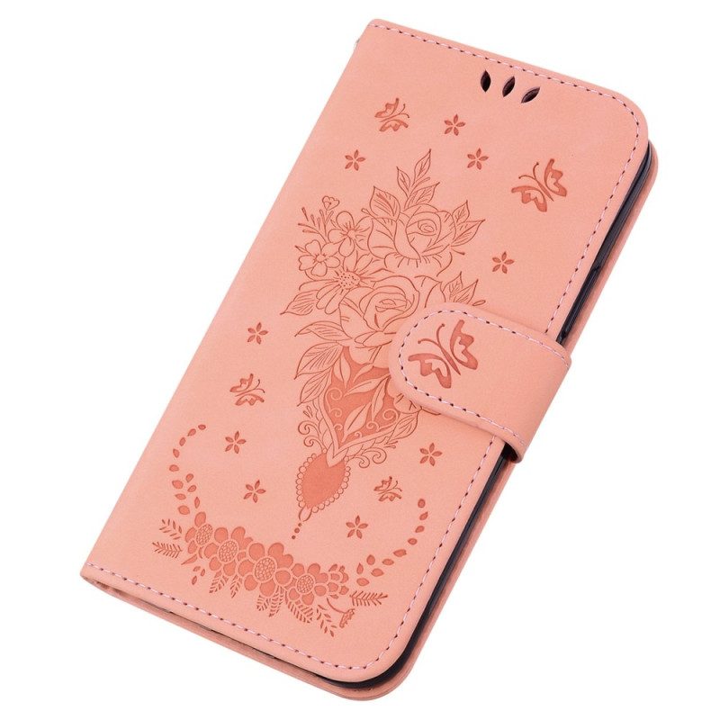 Custodia in pelle Moto G73 5G Strappy Rose E Farfalle