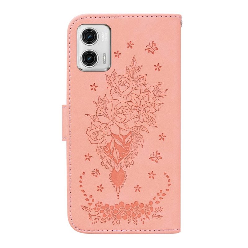 Custodia in pelle Moto G73 5G Strappy Rose E Farfalle