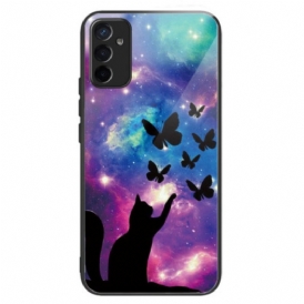 Cover Samsung Galaxy M13 Gatto E Farfalle In Vetro Temperato