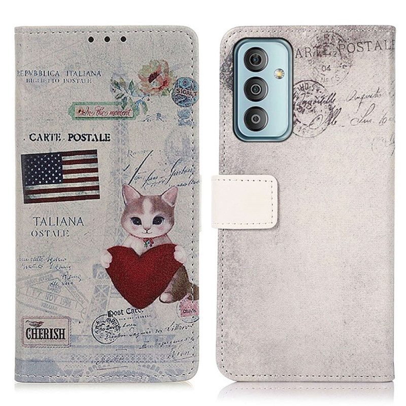 Custodia A Portafoglio Samsung Galaxy M13 Gatto Viaggiatore