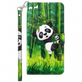 Custodia in pelle Samsung Galaxy M13 Panda E Bambù Con Cordino