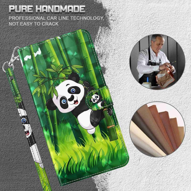 Custodia in pelle Samsung Galaxy M13 Panda E Bambù Con Cordino