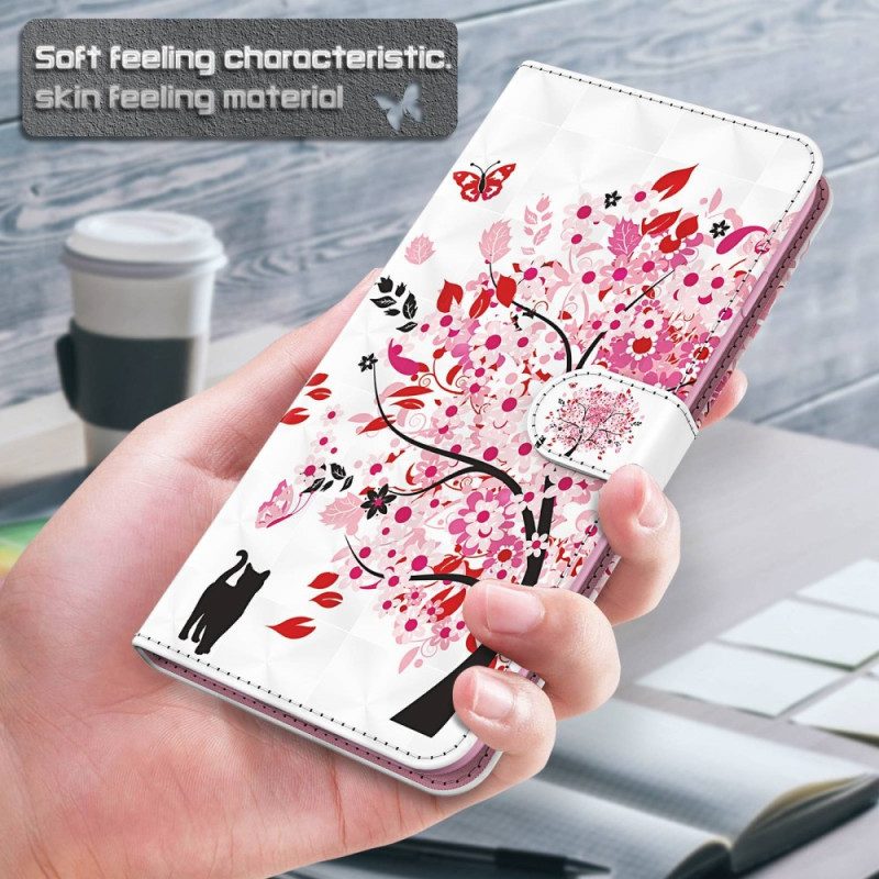 Folio Cover Samsung Galaxy M13 Gatto Sotto L'albero Con Cordino