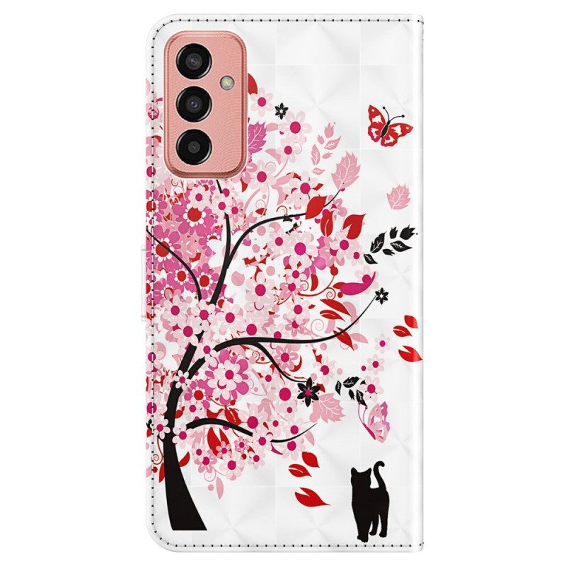 Folio Cover Samsung Galaxy M13 Gatto Sotto L'albero Con Cordino