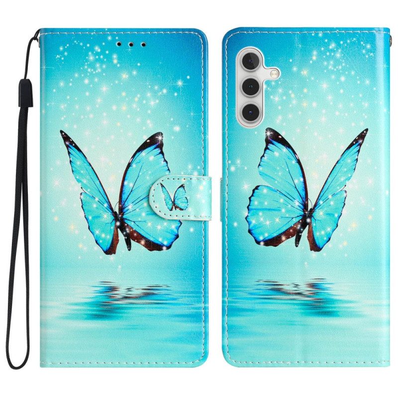 Custodia in pelle Samsung Galaxy A54 5G Farfalla Blu Con Cinturino