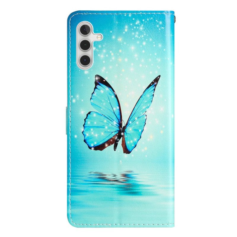 Custodia in pelle Samsung Galaxy A54 5G Farfalla Blu Con Cinturino