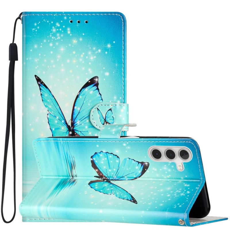 Custodia in pelle Samsung Galaxy A54 5G Farfalla Blu Con Cinturino