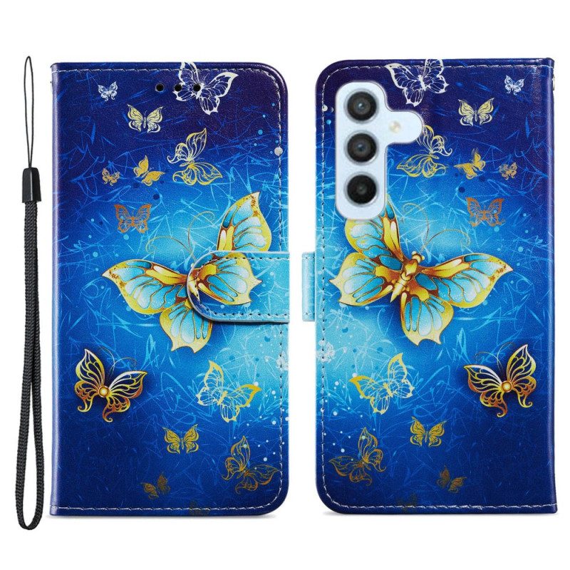 Custodia in pelle Samsung Galaxy A54 5G Farfalle Dorate Con Cinturino