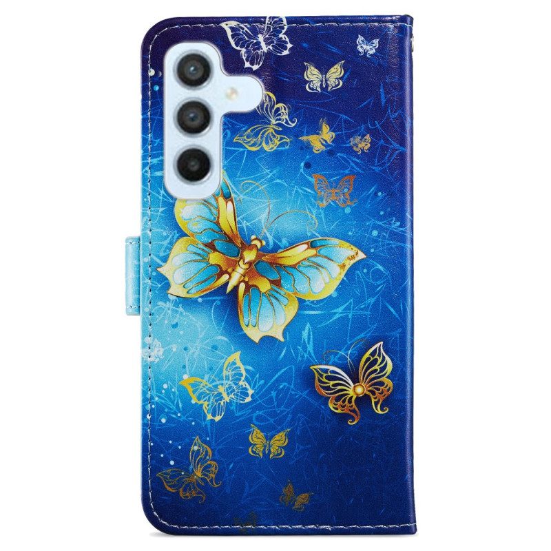 Custodia in pelle Samsung Galaxy A54 5G Farfalle Dorate Con Cinturino