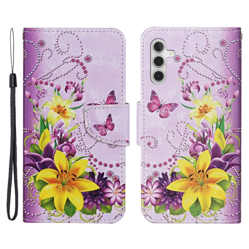 Custodia in pelle Samsung Galaxy A54 5G Farfalle Magistrali Con Cordino