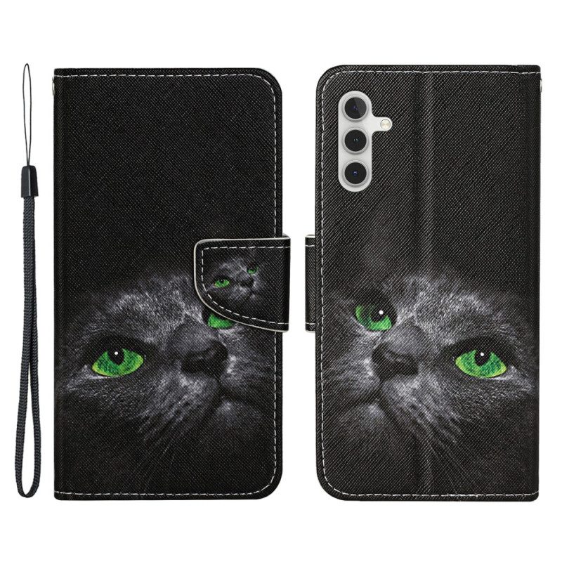 Custodia in pelle Samsung Galaxy A54 5G Gatto Dagli Occhi Verdi In Cinturino