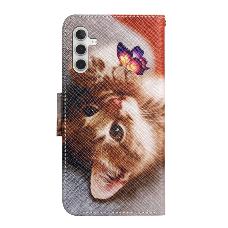 Custodia in pelle Samsung Galaxy A54 5G Gatto E Farfalla Con Cordino