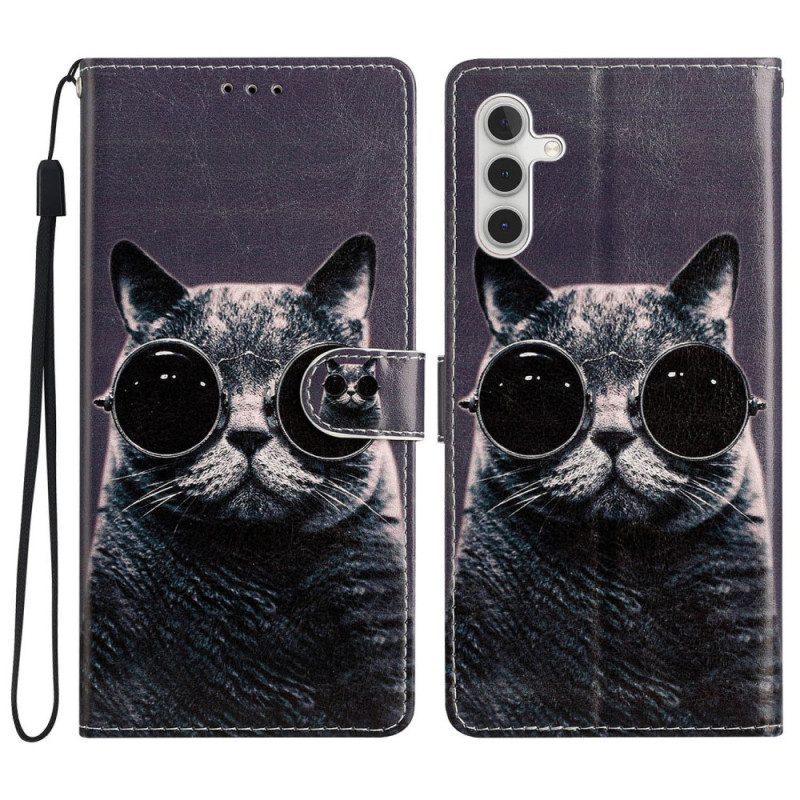 Custodia in pelle Samsung Galaxy A54 5G Occhiali Con Cinturino Da Gatto