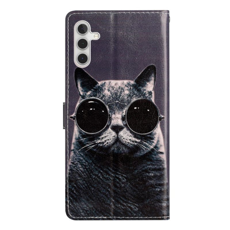 Custodia in pelle Samsung Galaxy A54 5G Occhiali Con Cinturino Da Gatto