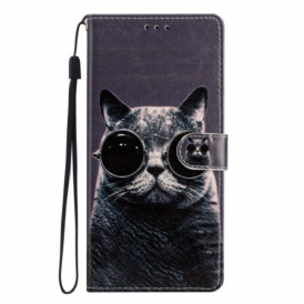 Custodia in pelle Samsung Galaxy A54 5G Occhiali Con Cinturino Da Gatto