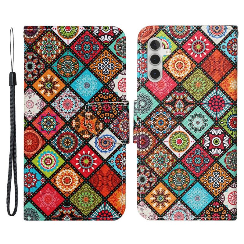 Custodia in pelle Samsung Galaxy A54 5G Patchwork Con Cordino