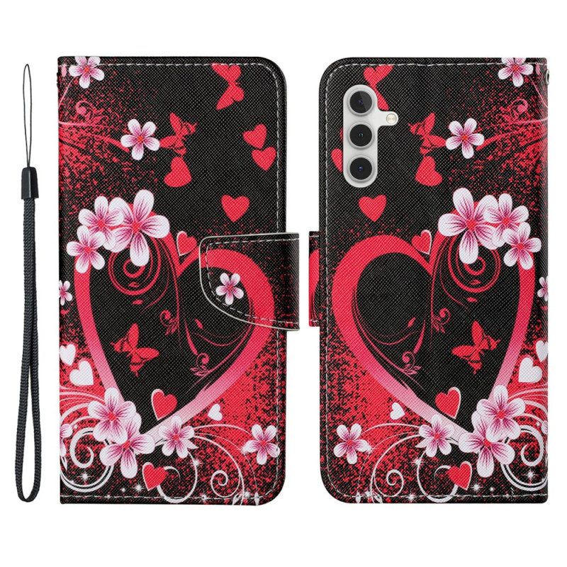 Folio Cover Samsung Galaxy A54 5G Fiori E Cuori Con Cordino