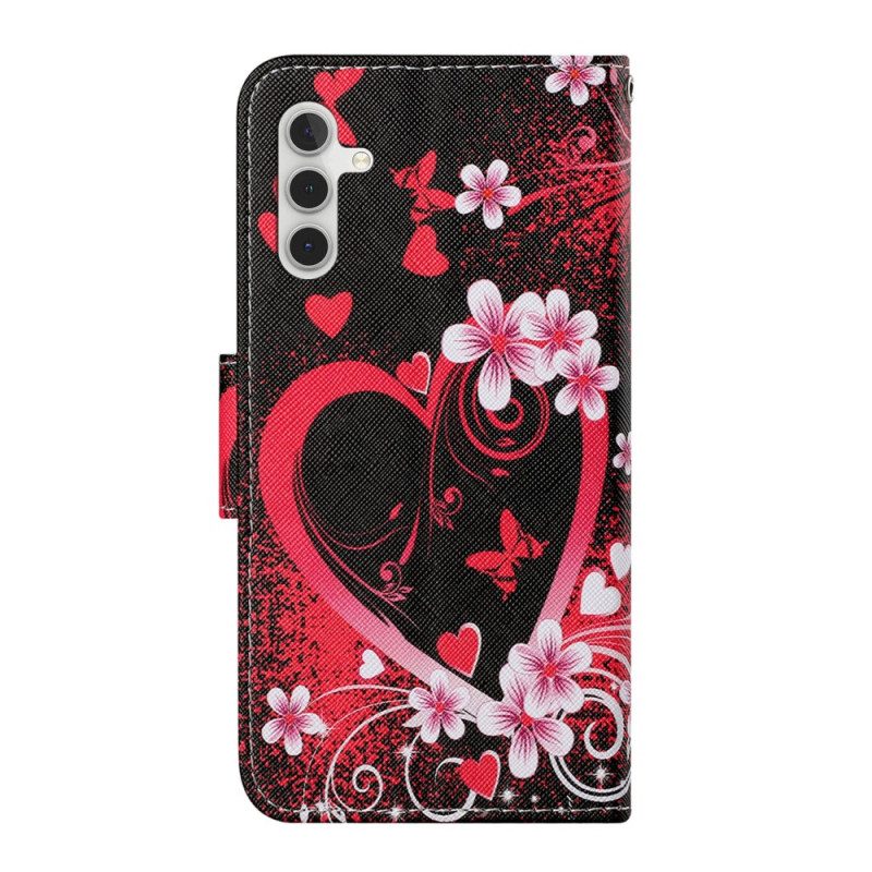 Folio Cover Samsung Galaxy A54 5G Fiori E Cuori Con Cordino