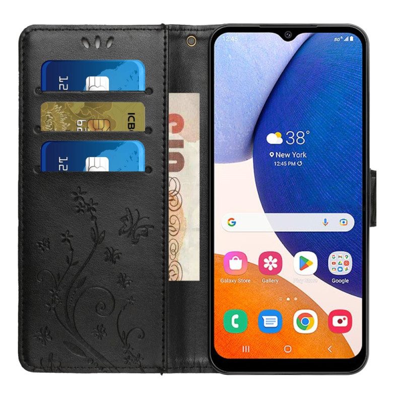 Folio Cover Samsung Galaxy A54 5G Fiori E Farfalle Con Cinturino