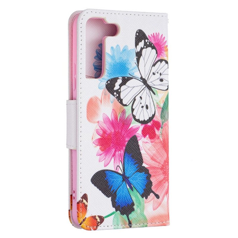 Custodia in pelle Samsung Galaxy S22 Plus 5G Farfalle E Fiori Dipinti