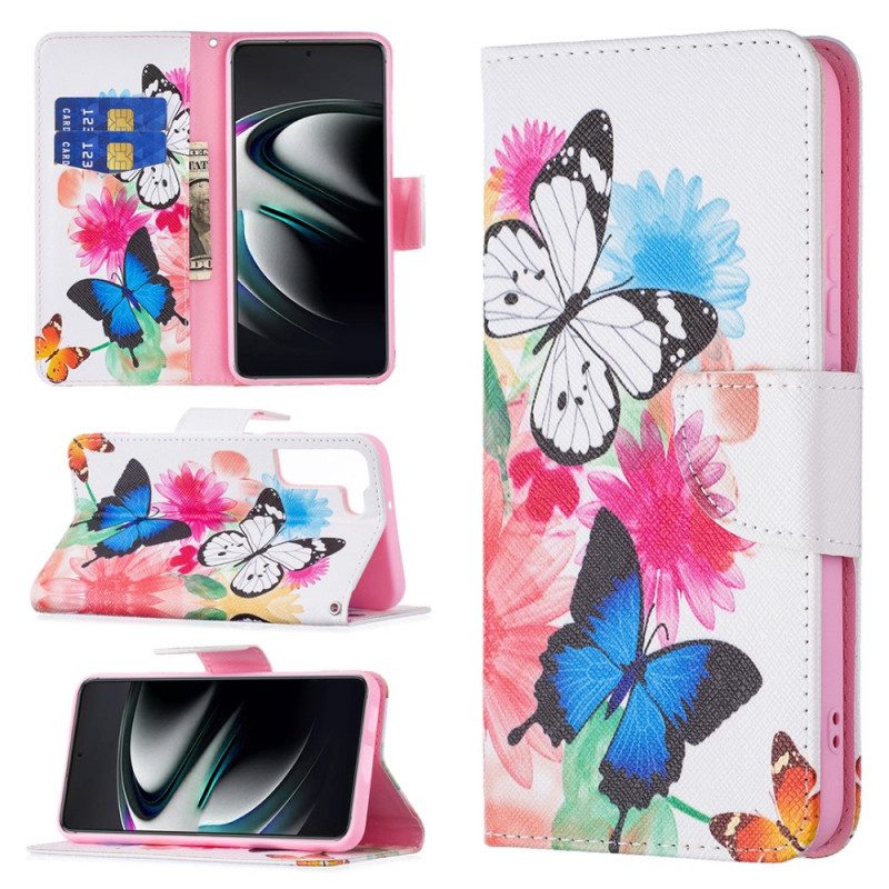 Custodia in pelle Samsung Galaxy S22 Plus 5G Farfalle E Fiori Dipinti