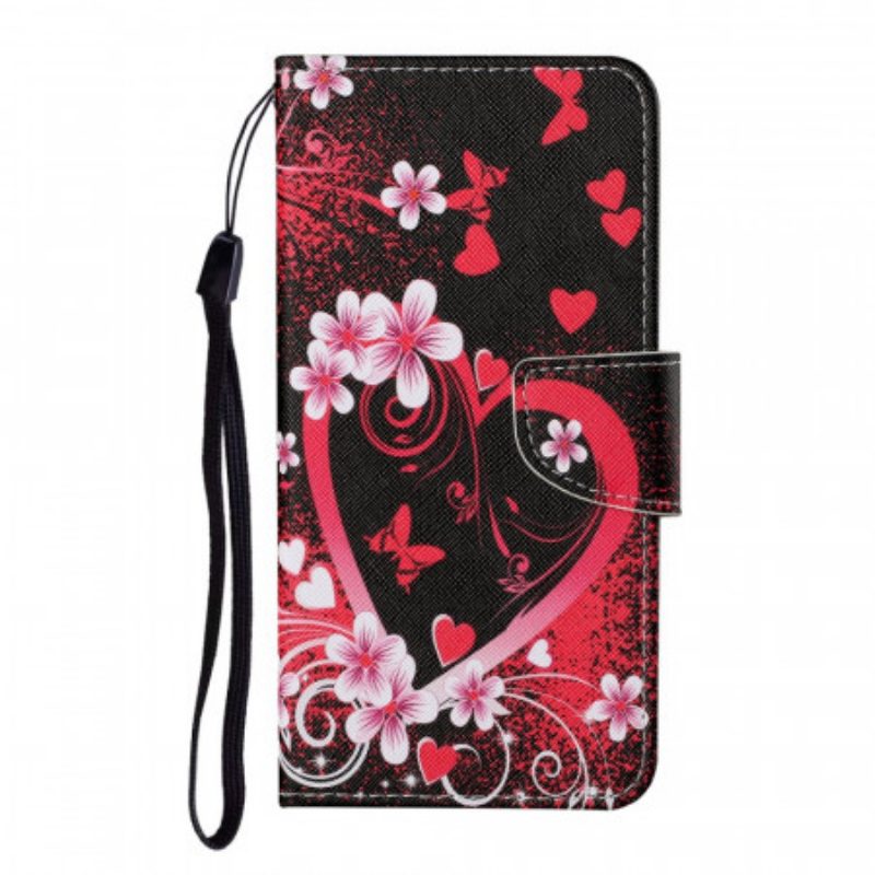 Custodia in pelle Samsung Galaxy S22 Plus 5G Fiori E Cuori Con Cordino