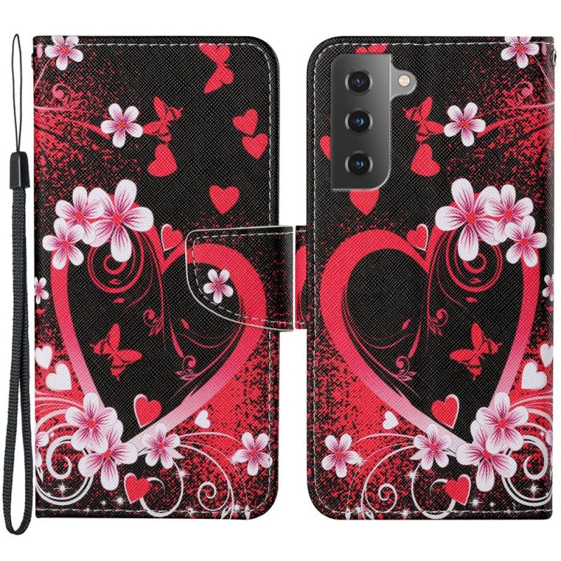 Custodia in pelle Samsung Galaxy S22 Plus 5G Fiori E Cuori Con Cordino