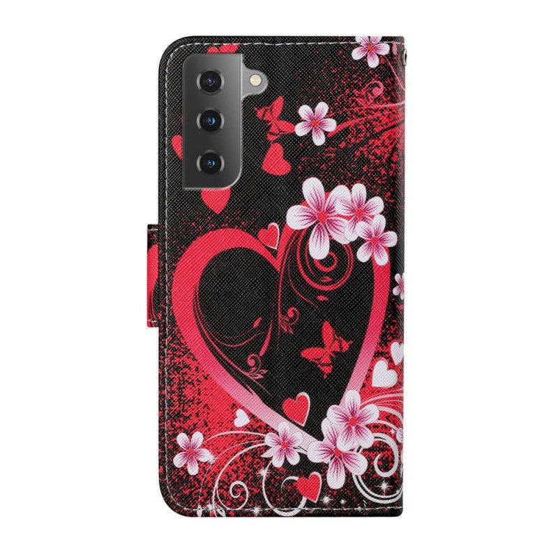 Custodia in pelle Samsung Galaxy S22 Plus 5G Fiori E Cuori Con Cordino