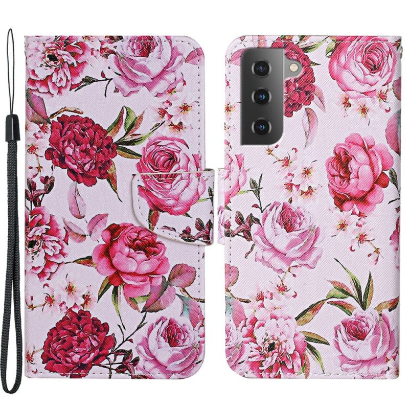 Custodia in pelle Samsung Galaxy S22 Plus 5G Fiori Magistrali Con Cinturino